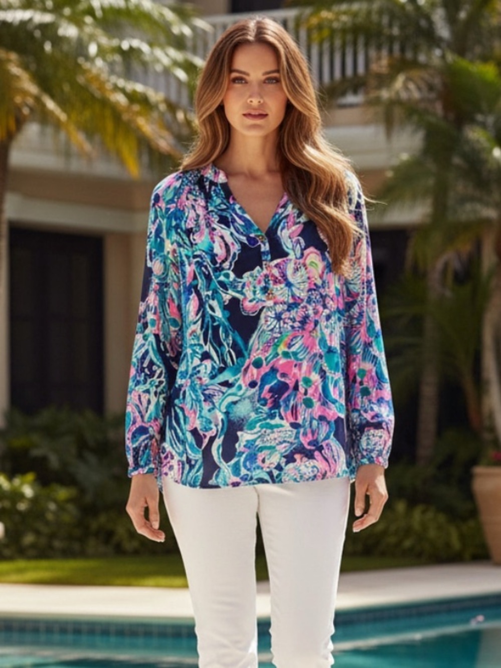 Lilly Pulitzer Elsa 100% Silk Smocked Bright Navy Caught Up Blouse Size XS